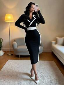 Elenzga Elegancka, kontrastowa sukienka damska z kołnierzykiem i dopasowanym do ciała długim rękawem, mała czarna, jesień/zima