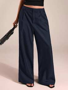 SHEIN Forever 21 女士裤子商务休闲女士西装女士阔腿裤办公室女士服装宽松裤职业女性服装办公室服装灰色 - 藏蓝色 - 查看 8