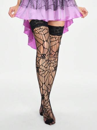 Grunge Punk 1 Paar sexy Spinnennetz- & Totenkopf-Muster Oberschenkel-Hohe Socken, Halloween Spitzenbesatz einfarbige Strümpfe, ultra-dünne elastische transparente Strumpfhosen
