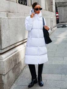 EURMUSE Long Padded Coat, Minimal Hooded Jacket, Warm Quilted Outerwear, Streetwear Essential, Zip Closure, Cozy Winter Style Long Winter Coat Women Long Puffer Coat Women White Puffer Coat Womens Hooded Puffer Coat Long Down Coat Women Womens Long Puffer Jacket Hooded Puffer Coat Women - White - View 4