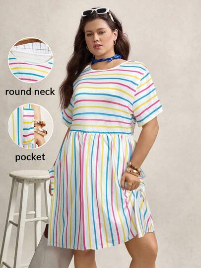 Zelara 大码女式彩色条纹圆领短袖口袋休闲连衣裙 女士夏季服装 毕业礼服 女士夏季服装 度假服装 女式带口袋曲线连衣裙 女式大码连衣裙 大码条纹连衣裙 大码夏季带口袋连衣裙 大码带口袋连衣裙