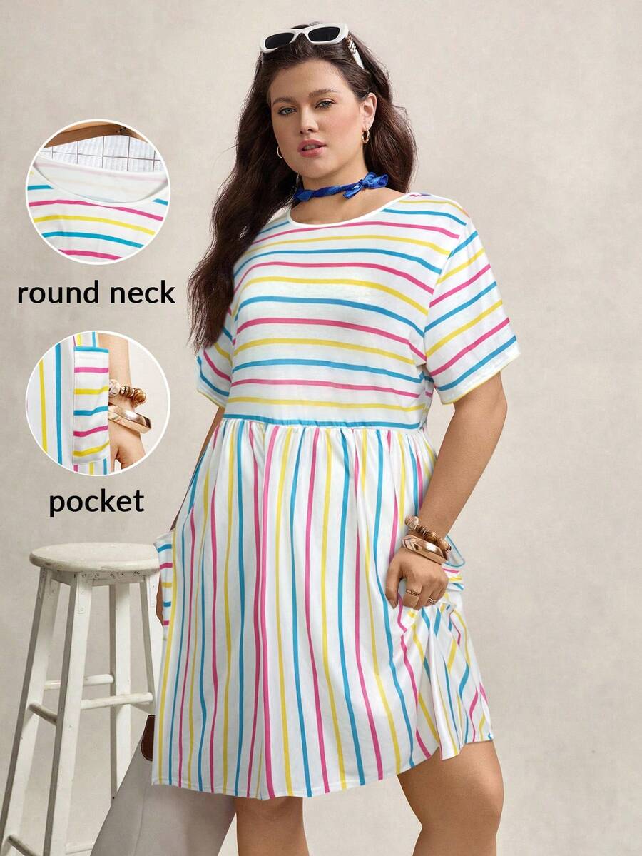 Zelara 大码女式彩色条纹圆领短袖口袋休闲连衣裙 女士夏季服装 毕业礼服 女士夏季服装 度假服装 女式带口袋曲线连衣裙 女式大码连衣裙 大码条纹连衣裙 大码夏季带口袋连衣裙 大码带口袋连衣裙 - 彩色 - 查看 1
