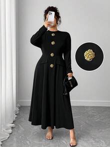 Elenzga Plus Size Women's Metal Buckle Decor Waist Cinched Round Neck Dress, Fashionable Artistic Luxurious Mature Elegant Romantic Dress Fall Cloth For Women - Black - View 1