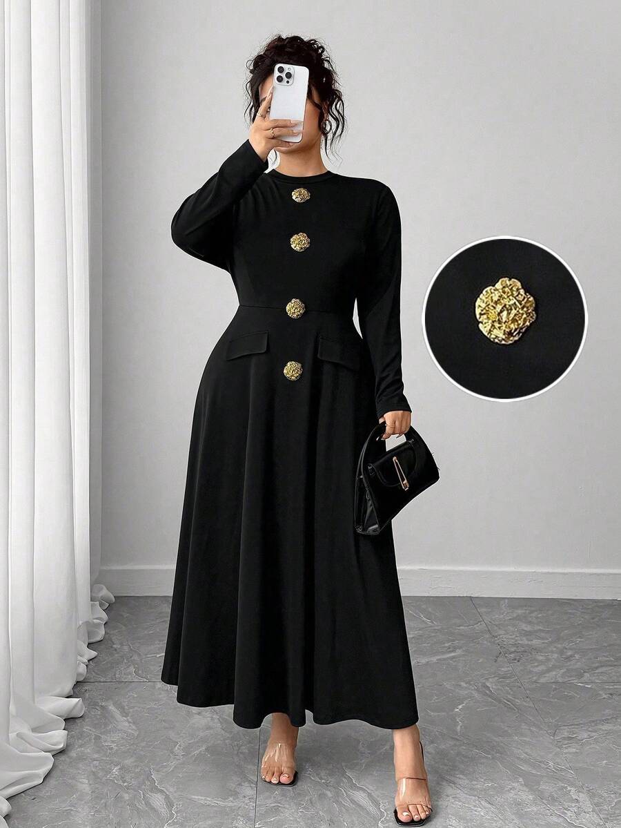 Elenzga Plus Size Women's Metal Buckle Decor Waist Cinched Round Neck Dress, Fashionable Artistic Luxurious Mature Elegant Romantic Dress Fall Cloth For Women - Black - View 1