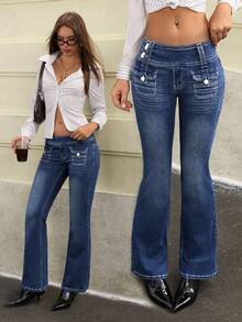 Jeanoix 女士 Y2K 牛仔裤 - 深色水洗藍 - 查看 1