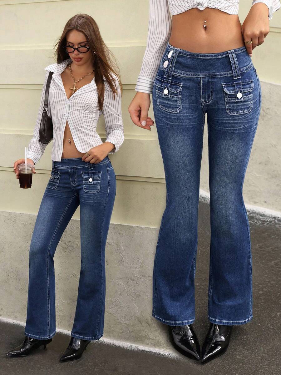 Jeanoix 女士 Y2K 牛仔裤 - 深色水洗藍 - 查看 1