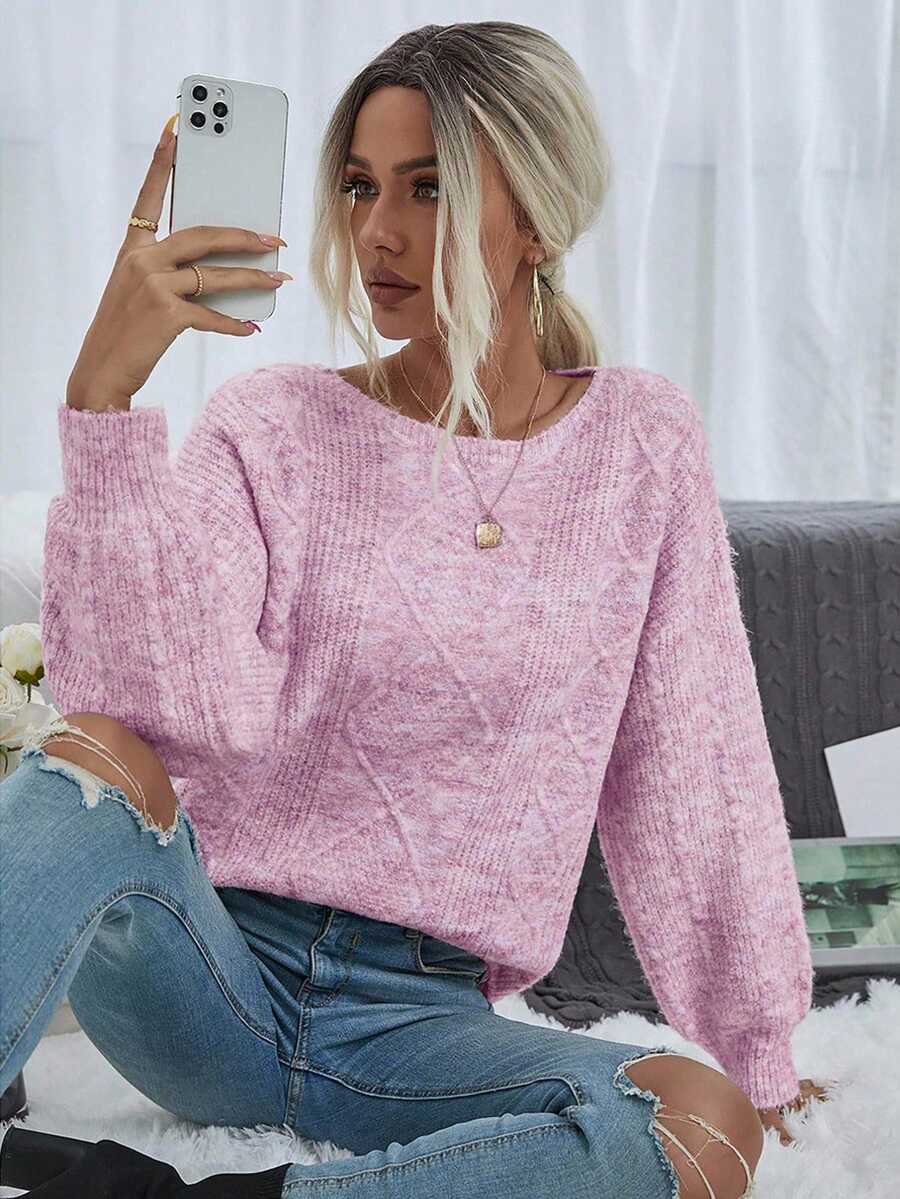 EMERY ROSE Women's Casual Loose Fit Crew Neck Drop Shoulder Long Sleeve Pink Sweater, Autumn/Winter - Multicolor - View 1