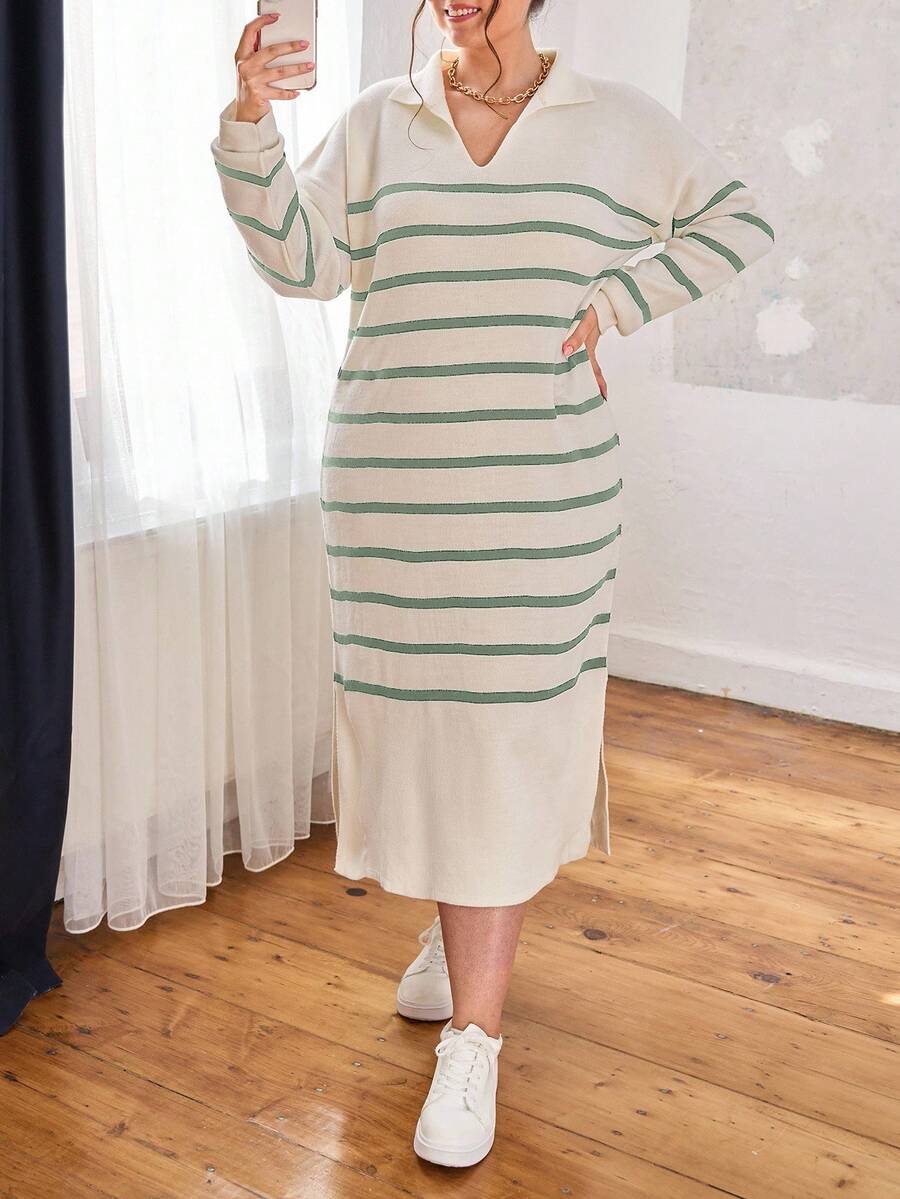 EURMUSE Vestido de suéter con abertura en el bajo y estampado de rayas - verde menta - Ver 1