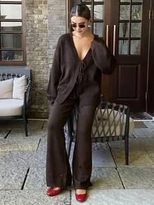 Livesso Women's V-Neck Tie Waist Loose Knit Sweater And Pants 2 Pieces Set, Autumn - Coffee Brown - View 5