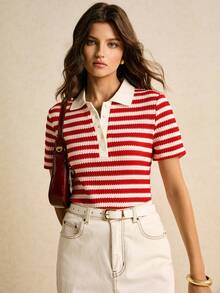 Poéselle Women's Casual Striped Button-Up Short Sleeve T-Shirt, Summer, Red And White Top, Red Stripe Knit Top, Knit Top Women, Stripe Top