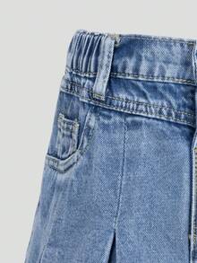 SHEIN Váy denim xếp ly cạp chun cổ điển thời trang đa năng thoải mái giản dị tối giản cho bé gái tuổi teen - Rửa nhẹ - Xem 3