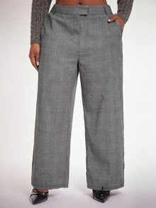 SHEIN SXY Plus Size Women's Elegant Sexy Plaid High-Waisted Side Slit Suit Pants, Suitable For Office Commute, Business, Party, Minimalist, Birthday, Formal Events, Autumn/Winter