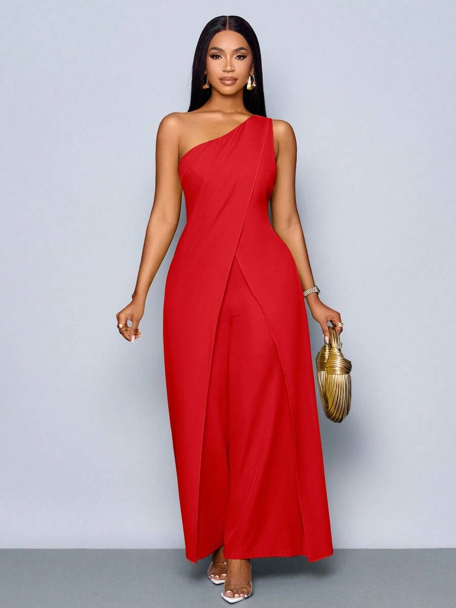 SOLERSUN Tuta larga con spacco e una spalla senza maniche, di moda per donna in primavera ed estate per uso quotidiano - Rosso - Visualizzare 1