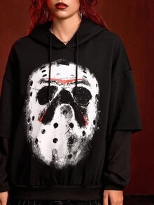 Friday the 13th X ROMWE 女士口罩图案长袖连帽二合一运动衫 - 黑色 - 查看 10