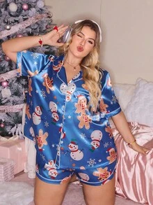 Conjunto de pijama de satén con estampado de dibujos animados navideños y abertura delantera para tallas grandes - Multicolor - Ver 5