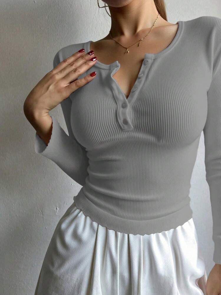 Women's Solid Color Button-Half Placket Rib-Knit Long Sleeve T-Shirt, Spring/Autumn,Back To School Clothes,Fall Women Clothes