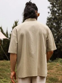 Genlund 男士纯色短袖宽松落肩纯棉休闲衬衫，夏季 - 駝色 - 查看 2