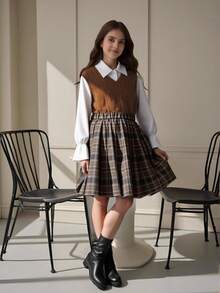 SHEIN Tween Girl Knitted Cable Vest Top, Plaid Pleated Skirt And Shirt 3pcs/Set - Brown - View 6