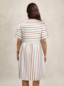 Zelara Vestido casual de verano con bolsillo, cuello redondo, manga corta y rayas de colores para mujeres de talla grande. Vestido de graduación, atuendo de verano y atuendo de vacaciones para mujeres