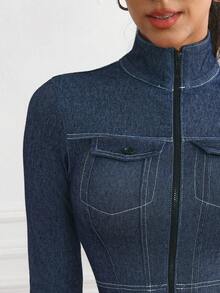 Flexra 女式长袖拉链短款修身牛仔夹克 - 深色水洗藍 - 查看 9