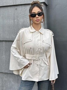 SHEIN ICON Women's Hooded Cape, Cute & Versatile Long Sleeve Windbreaker In Fall/Winter - Khaki - View 6