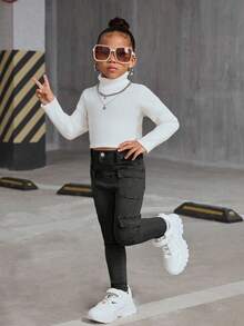 SHEIN Young Girl Washed Slim Fit Cargo Jeans - Black - View 5