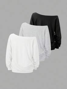 StreetHx 3pcs Women's Autumn Oblique Shoulder Sweatshirt Set, Black/White/Gray Loose Punk Oversized Asymmetrical Shoulder Hoodies - Multicolor - View 2