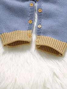 SHEIN 1pc Toddler Cute Grey-Blue Knitted Romper,Long Sleeve Plaid Teddy Bear Jacquard Jumpsuit,Baby Boy Autumn Clothes,Matching Family Winter Warm Outfits - Blue - View 6