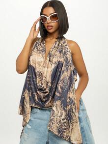 SUMWON WOMEN Vintage Shell Print Draped Halter Top Elegant Flowy Asymmetrical Cowl Neck Summer Evening Party Beachwear Resort Scarf Style Festival