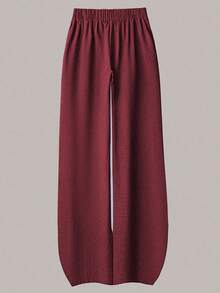 Linhara Ensemble 2 pièces décontracté pour femmes grandes tailles, chemise décontracté/de travail à col rabattu boutonnée d'une seule rangée de couleur unie et pantalon large à taille haute ample - Rouge foncé - Voir 8