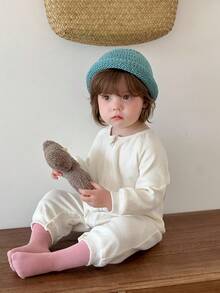 DAZY Baby Girl Solid Color Casual Comfortable Romper - Beige - View 7