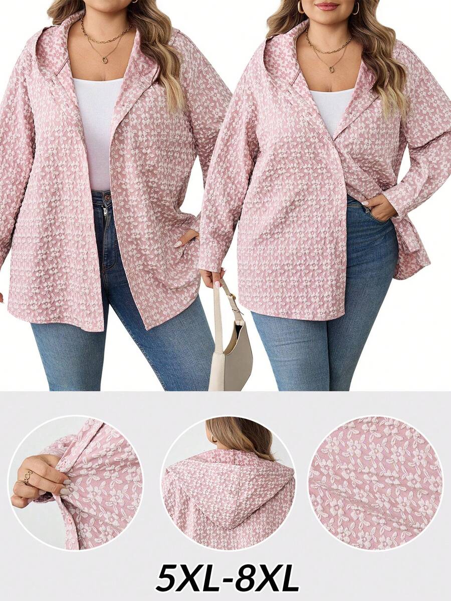 SHEIN CURVE+ Áo sơ mi nữ có mũ trùm đầu vai trễ bằng vải jacquard cỡ lớn/Mùa thu/Mùa đông - Hồng - Xem 1