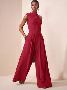 Zivah 2025新款休闲度假日常约会通勤优雅沙滩邮轮派对简约网红爆款高领毛领无袖一字肩宽松连体裤阔腿裤超长裤带口袋军绿色女连体裤 - 紅色 - 查看 3