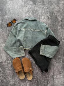 Attitoon Áo khoác denim mùa đông thu cổ điển Y2k cho nữ tay dài có viền tua rua phía trước, mặc hàng ngày - Rửa nhẹ - Xem 2