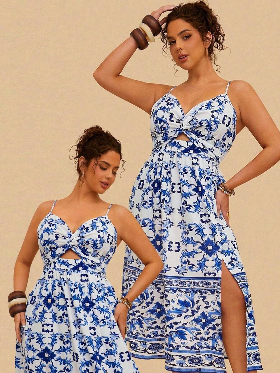 SHEIN VCAY Váy họa tiết hoa nhiệt đới xanh trắng cỡ lớn cho nữ, váy midi xoắn dây mảnh phía trước, váy xẻ tà phía trước, váy mùa thu cho nữ váy hoa xanh trắng, váy mùa hè cho nữ váy midi, váy xanh trắng cho nữ váy đi nghỉ cho nữ váy chống nắng xanh, trang phục biểu diễn cho nữ, quần áo phong cách boho cho nữ váy hoa rave cho nữ váy dự tiệc cưới cong - Xanh và trắng - Xem 1