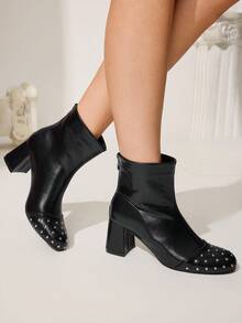 CUCCOO CHICEST Winter New Black Pointed Toe Rivet Side Zipper Chunky Heel Suede Ankle Boots & Ankle Boots For Women - Black - View 4