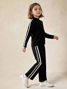 Sparklyn 四向弹力高弹力年轻女孩黑色罗纹拼接长袖夹克和紧身直筒裤套装，修身瑜伽健身休闲户外运动套装 - 黑色 - 查看 6