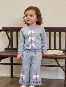 Cozy Pixies 2pcs Baby Girl Bow Decor Crew Neck Long Sleeve Sweatshirt And Elastic Waist Pants Set Fall Winter - Multicolor - View 1