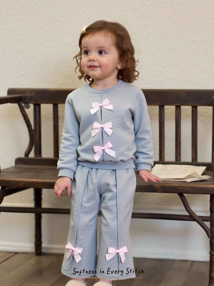 Cozy Pixies 2pcs Baby Girl Bow Decor Crew Neck Long Sleeve Sweatshirt And Elastic Waist Pants Set Fall Winter - Multicolor - View 1