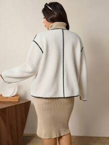 Zelara Plus Size Women Casual Versatile Contrast Color Trim Jacket, Autumn/Winter Winter Clothes Christmas Chic Fall Party Going Out  Elegant