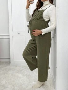 SHEIN Maternity Solid Color Button Design Drawstring Waist Pocket Casual Jumpsuit Pregnant Outfits Maternity Clothes Jumpsuits Maternity Jumpsuits Pregnancy Outfit Maternity Overalls Winter Clothes Chic
