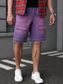 Manfinity Homme 男士休闲水洗牛仔工装短裤，夏季 - 紫色 - 查看 3