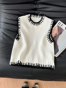 SHEIN Frenchy 女士撞色滚边休闲百搭毛衣背心，女士毛衣背心，女士针织上衣，针织衫，撞色钩针无袖上衣，撞色滚边毛衣背心，奶油色女士背心，黑白上衣，纹理毛衣背心，白色针织上衣，时尚上衣，女士秋季毛衣背心，女士冬季毛衣背心，保暖毛衣背心，法式风格，圣诞毛衣背心，新年，女士休闲装，复古风，简约风，通勤装，办公装，日常穿着的理想之选 - 杏色 - 查看 5