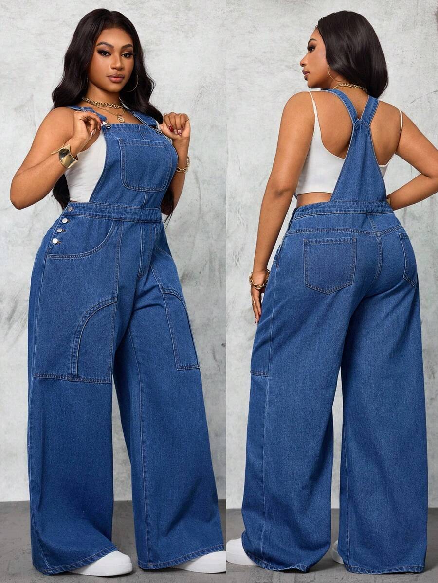 Slaydiva Plus Size Women Cowgirl Outfit Blue Denim Loose Fit Bib Overall Pants, Rodeo Outfits For Women Autumn