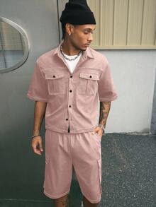 AXEPEAK Bộ 2 áo sơ mi tay ngắn dáng rộng phong cách đường phố thoải mái ve áo và quần short dành cho nam - Hồng - Xem 5