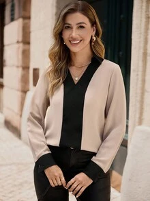 EMERY ROSE Colorblock Contrast Collar Blouse,Long Sleeve Tops - Apricot - View 3