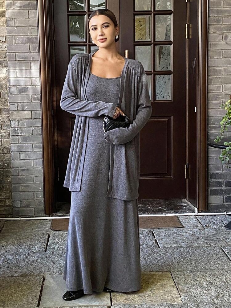 2pcs/Set Women Loose Casual Slouchy Grey Outfit, Autumn/Winter