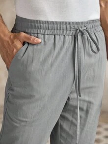Manfinity VCAY Men's Casual Woven Mid-Waist Drawstring Tapered Ankle-Length Pants, Old Money, Fall - Grey - View 6