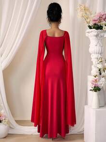 SHEIN Raffinéa 女士优雅褶皱束腰超长雪纺喇叭袖连衣裙 - 紅色 - 查看 2