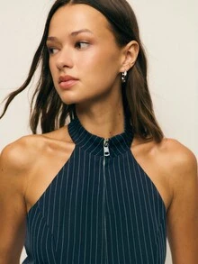 Nöista Women's Navy Blue Pinstripe Halter Corset Top,Chic High Neck Zip Front Tailored Seams Tank,Elegant Summer Work Clothing For Vacay Wedding Party - Dark Grey - View 4
